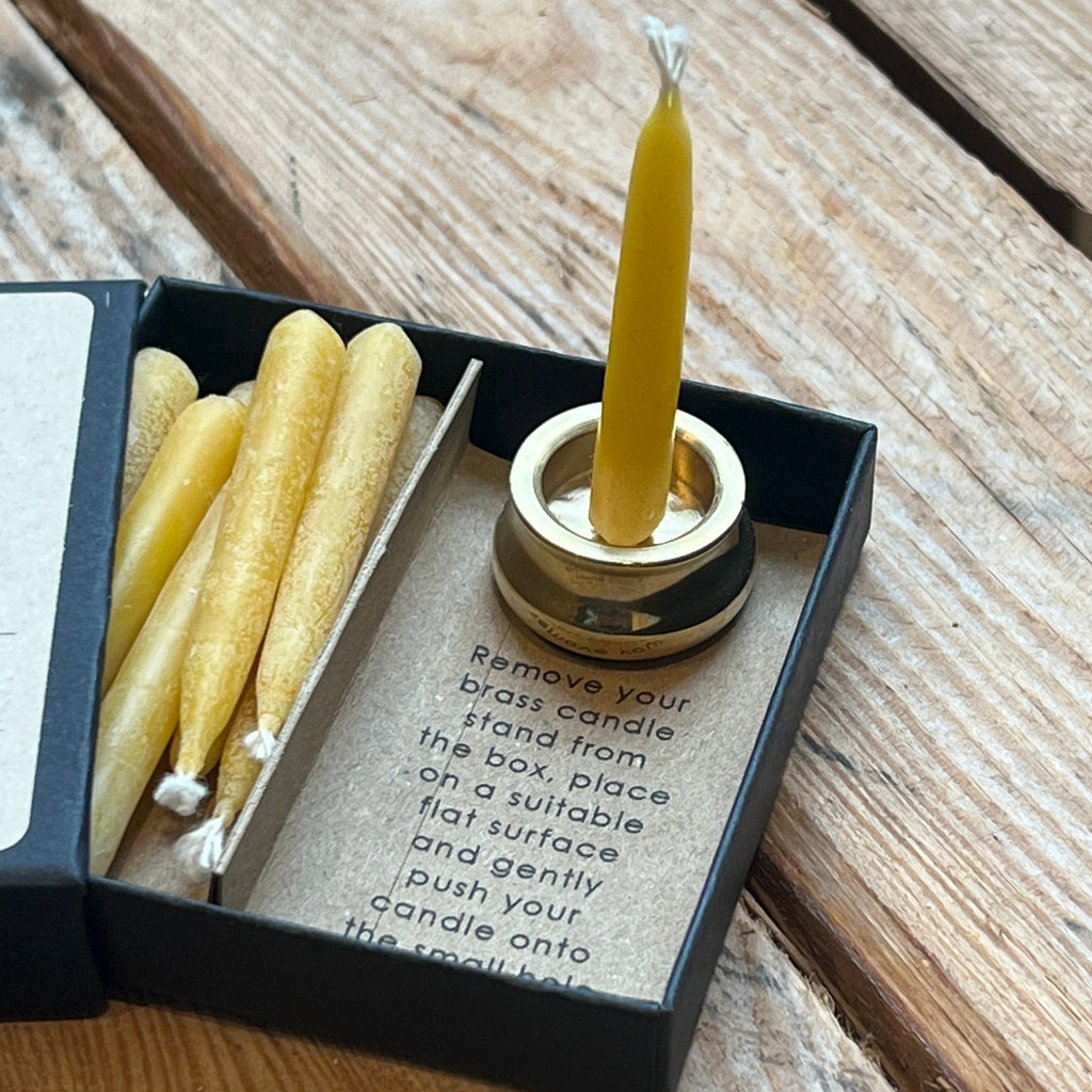 brass mini candle holder for tiny candle that burns for 20 minutes for meditation