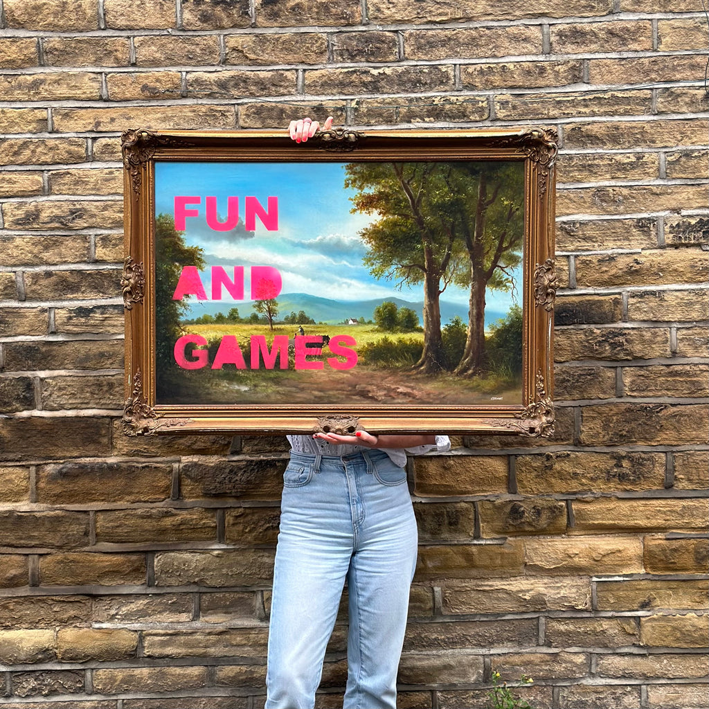 Large Fun and Games Vintage Oil Painting
