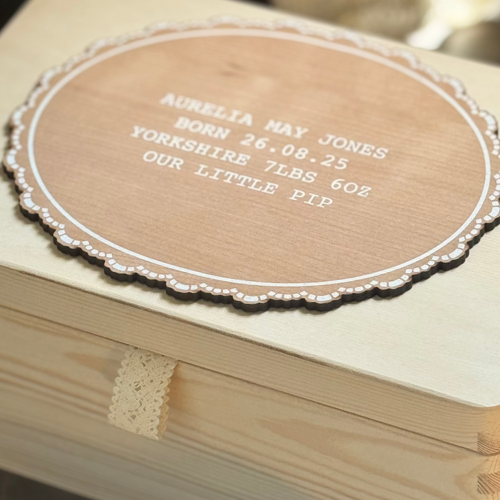 baby loss memory box with details fo birth printed on by modo