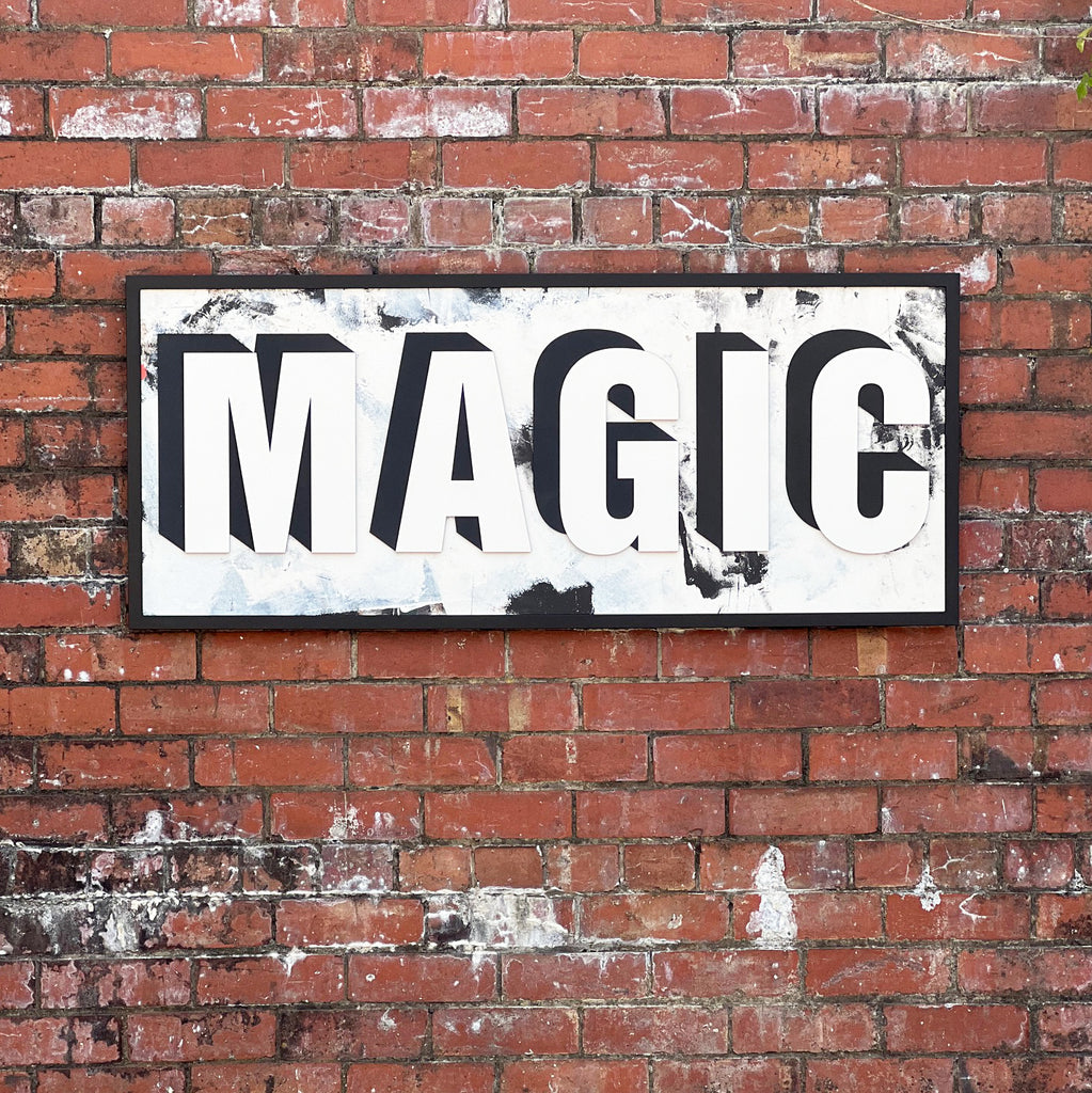 Large Paint Board Background Wooden Sign - MAGIC (black and white with black frame)