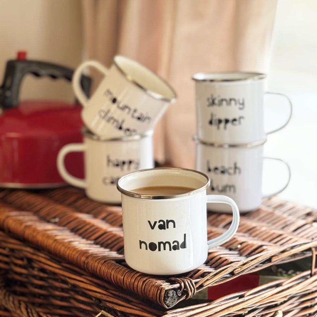 white enamel camping mugs van nomad, skinny dipper, beach bum, mountain climber, happy camper