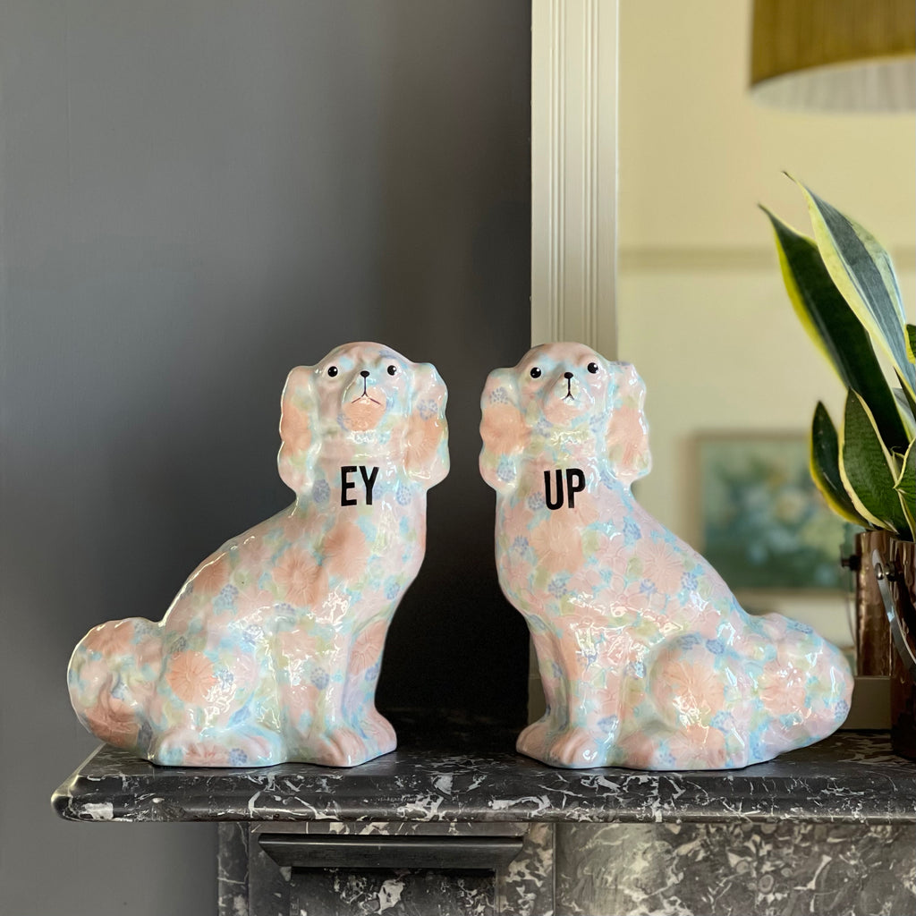 Ornamental 'EY UP' Ceramic Mantle Dogs
