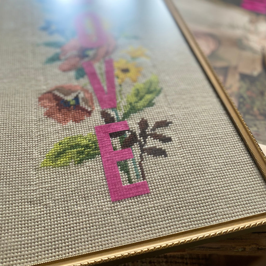 Framed Vintage Floral Cross Stitch with Pink Flock LOVE