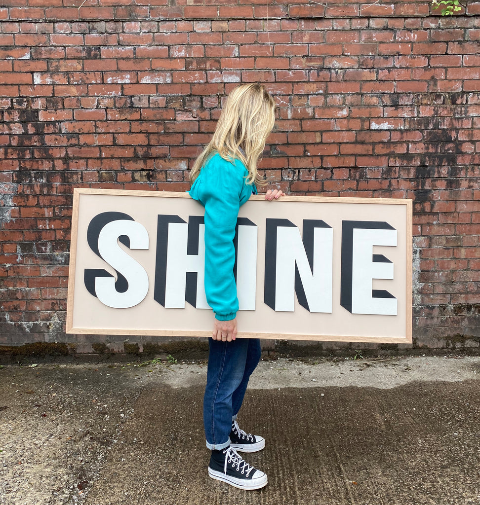 Shine personalised wooden word sign, Farrow and Ball Setting Plaster. Drop shadow, bold wall art.