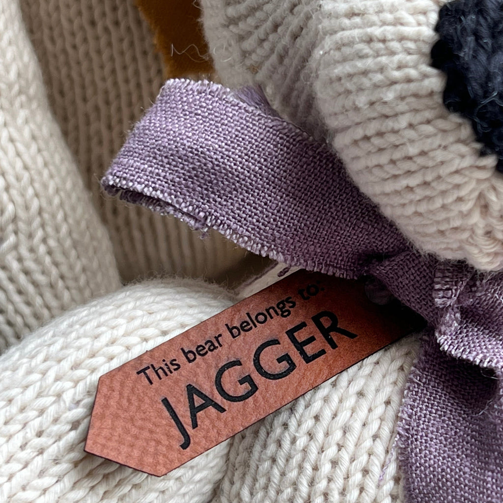 Beautiful hand Knitted Bear with Personalised Faux Leather Tag