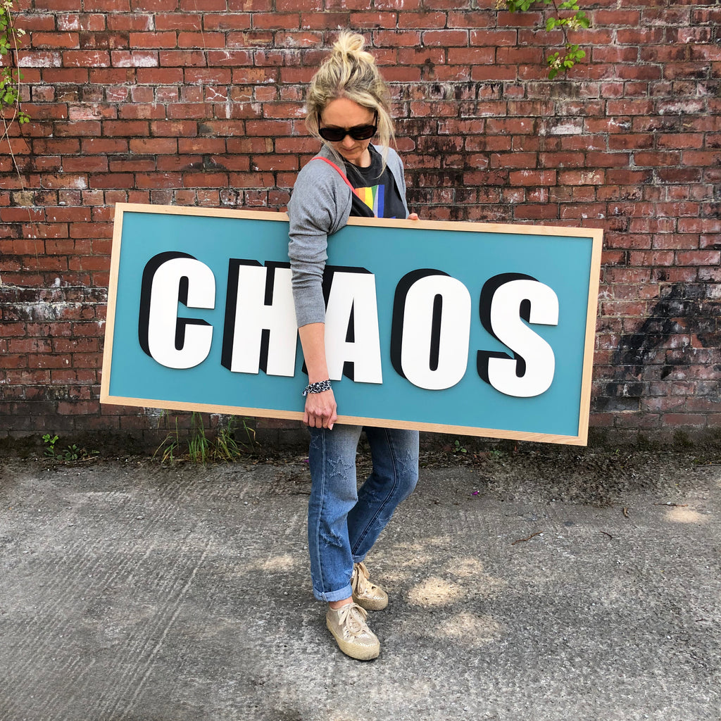 Bold wooden drop shadow personalised sign Chaos word. Farrow and ball paint Wall Art.