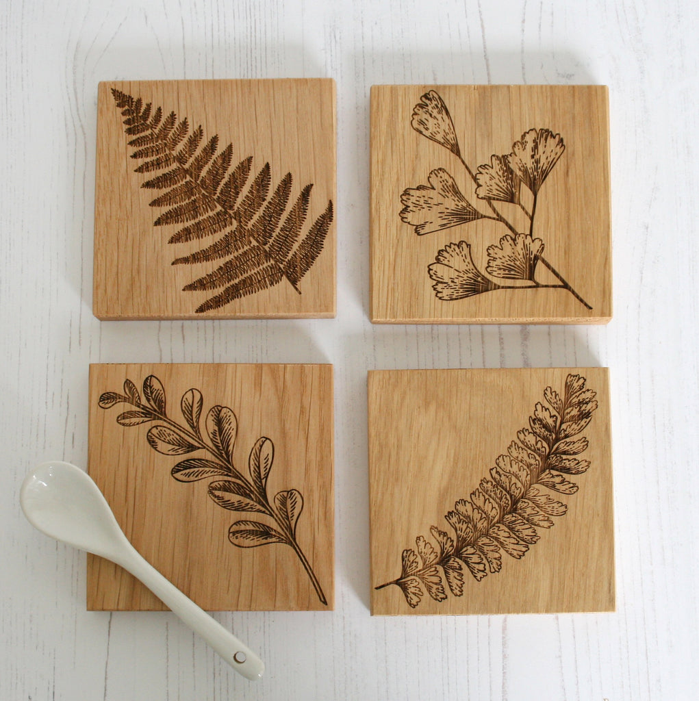 Fern-Engraved Oak Coasters