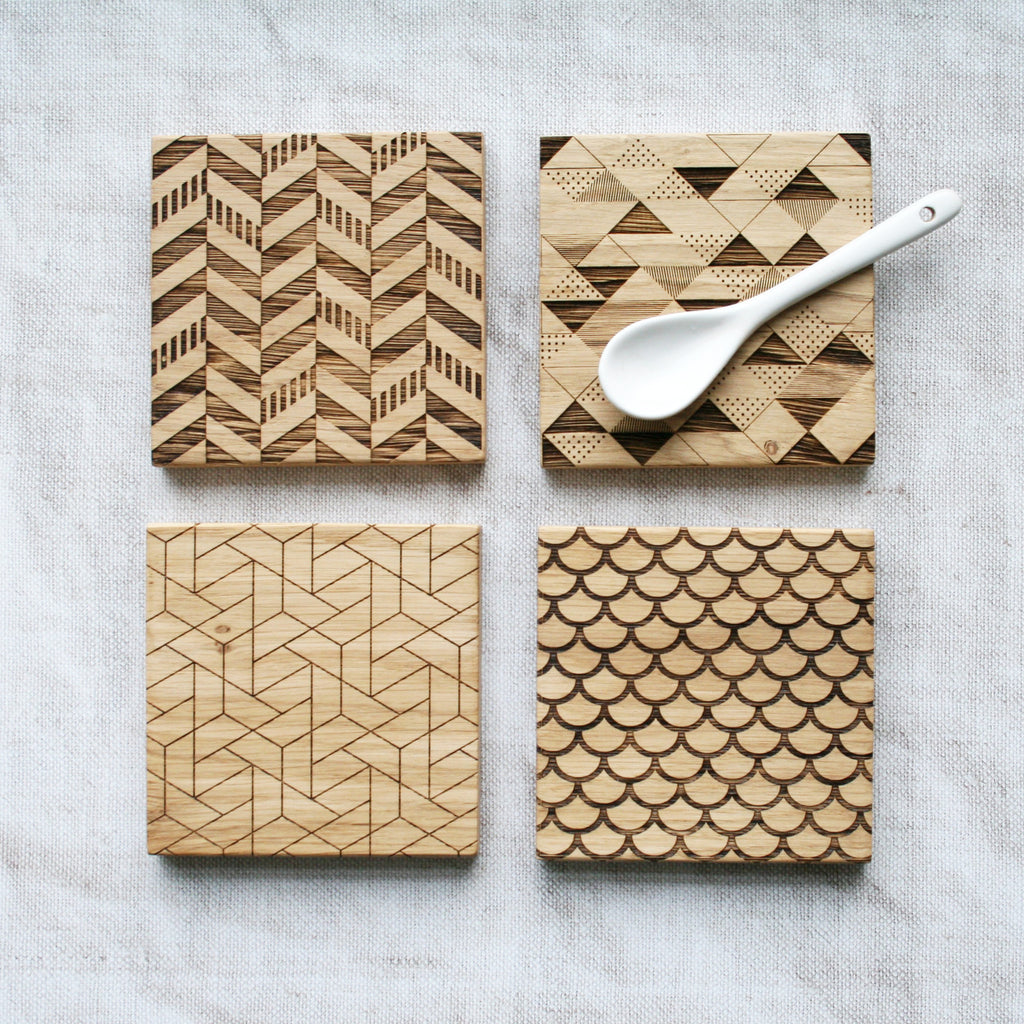 Geometric Engraved Oak Coasters