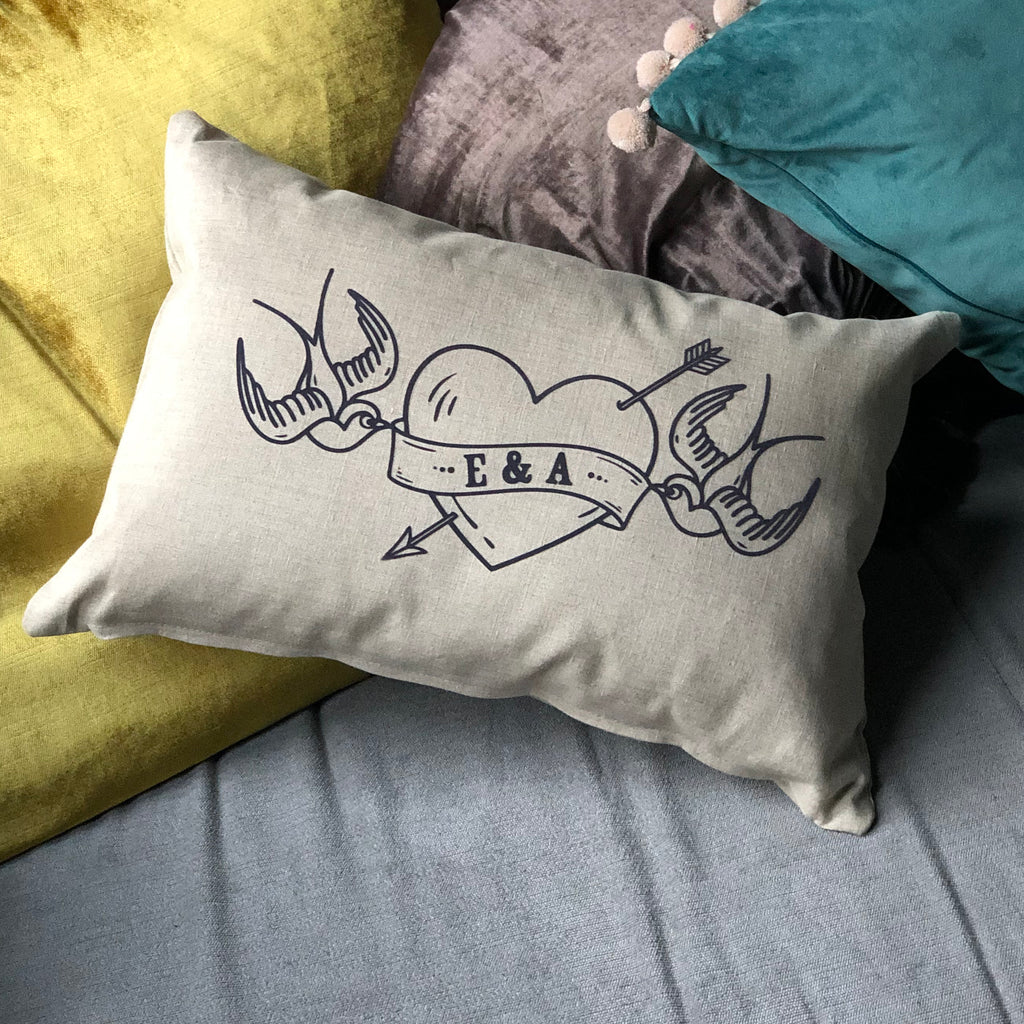 Personalised Flock And Linen Love Birds Tattoo Cushion