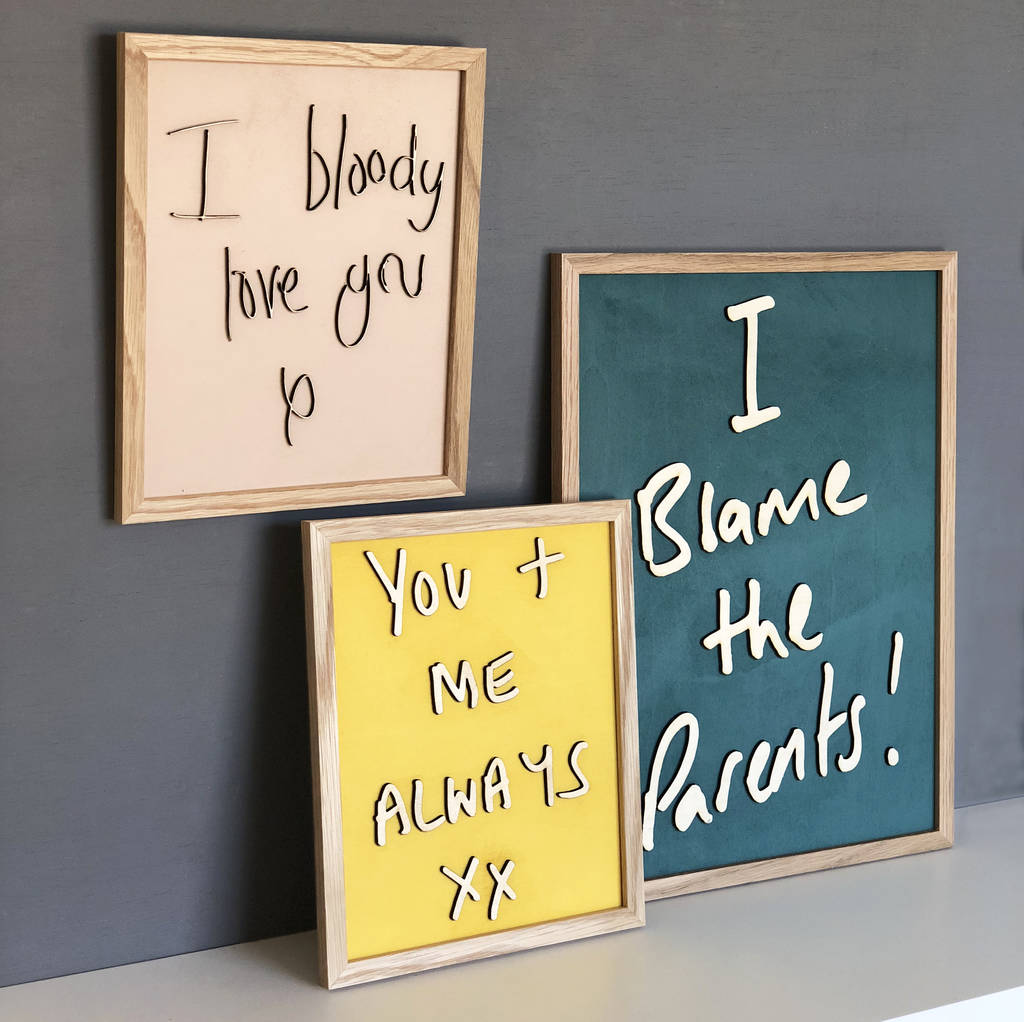 shows three different examples of the handwriting sign each different handwriting alongside different colours including Blue, Yellow and cream
