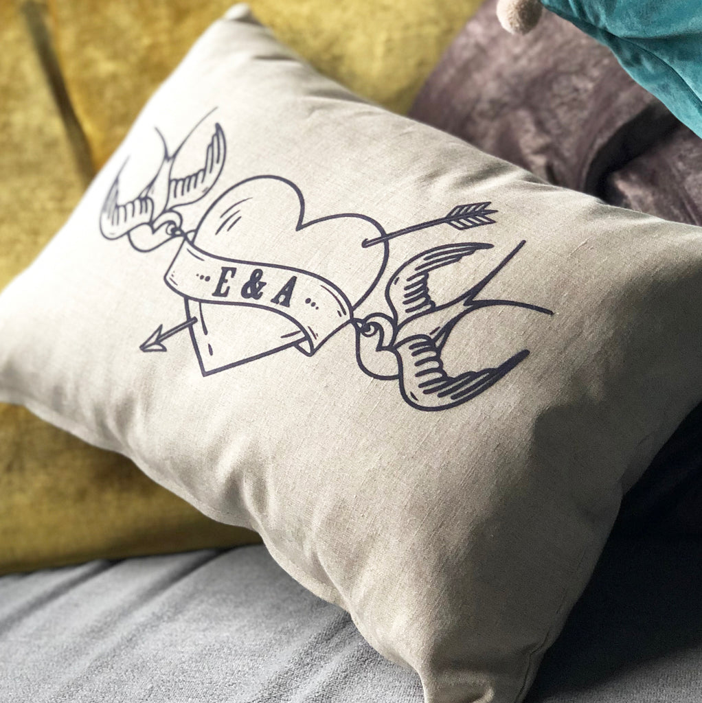 Personalised Flock And Linen Love Birds Tattoo Cushion