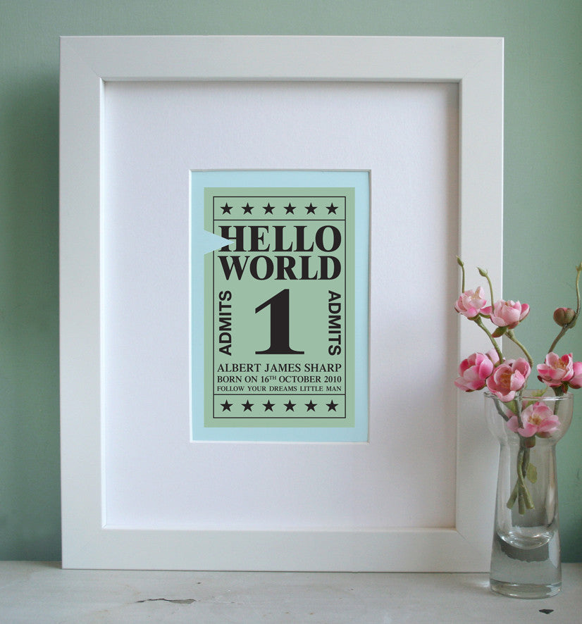 Personalised 'Hello World' Ticket Art Print