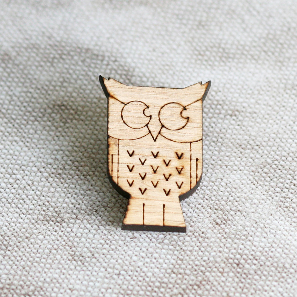 Wooden Owl Pin Badge