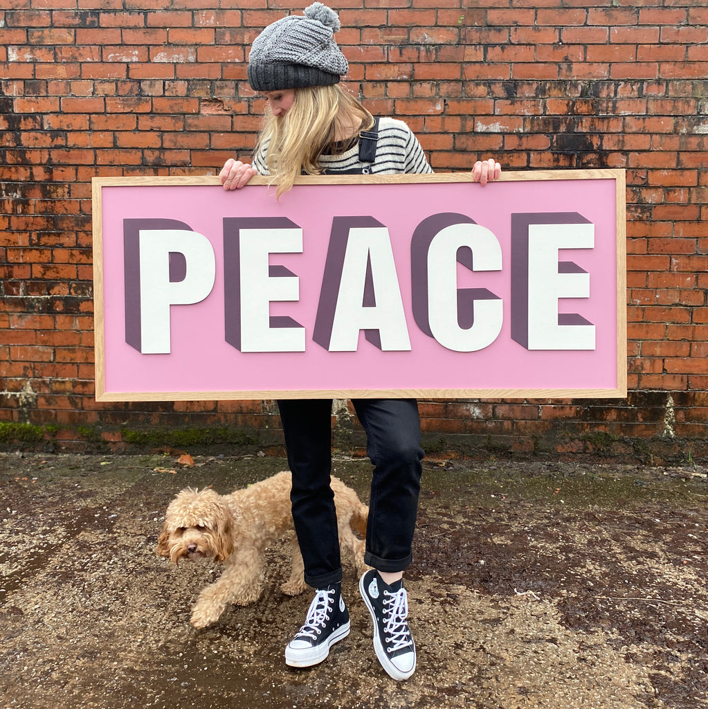 Peace personalised wooden painted word sign. Oak frame
