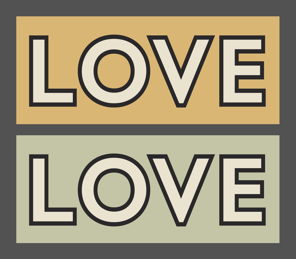 a digital portrayal of the resulting signs showing the word love with the black shadow outline and a green and yellow muted background colour